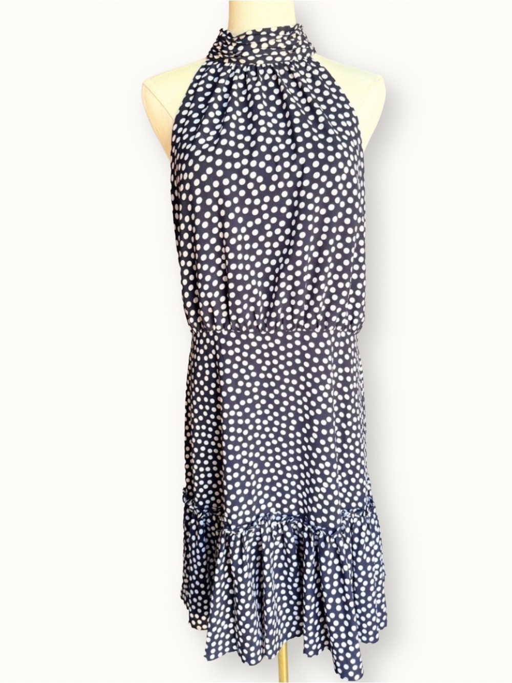 Betsey Johnson Navy Blue White Polka Dot Halter Dress Ruffle Hem